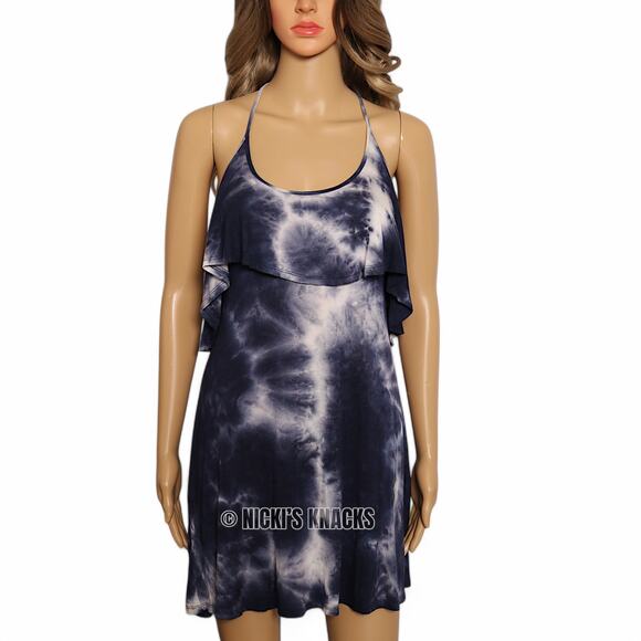 Tresics Luxe Navy White Tie Dye Halter Mini Dress Cover Up Stretch Knit Size S - Picture 2 of 7